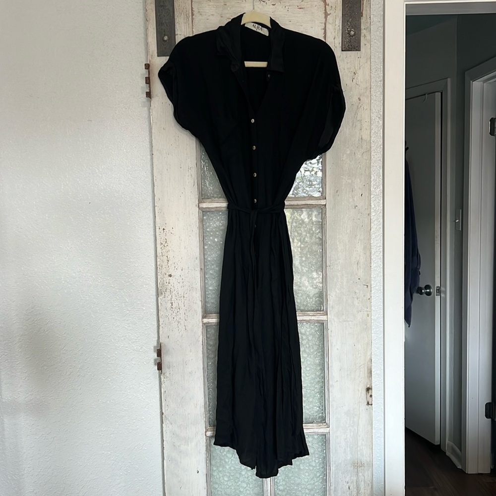 Aura Black Short Sleeve Button Down Side Slit Collar Pockets Maxi Shirt Dress S